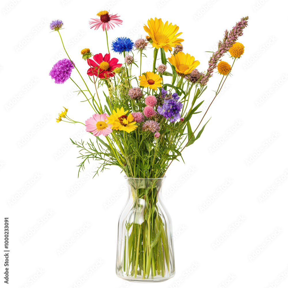 Colorful wildflowers in a clear glass vase isolated on transparent background. Colorful wildflowers in a clear glass vase isolated on transparent background.