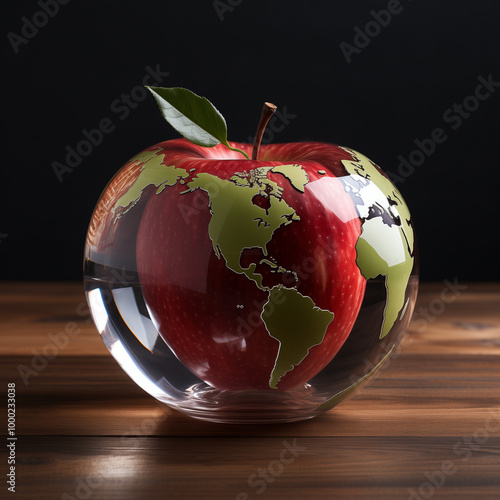 Transparent apple with world map overlay on wooden surface