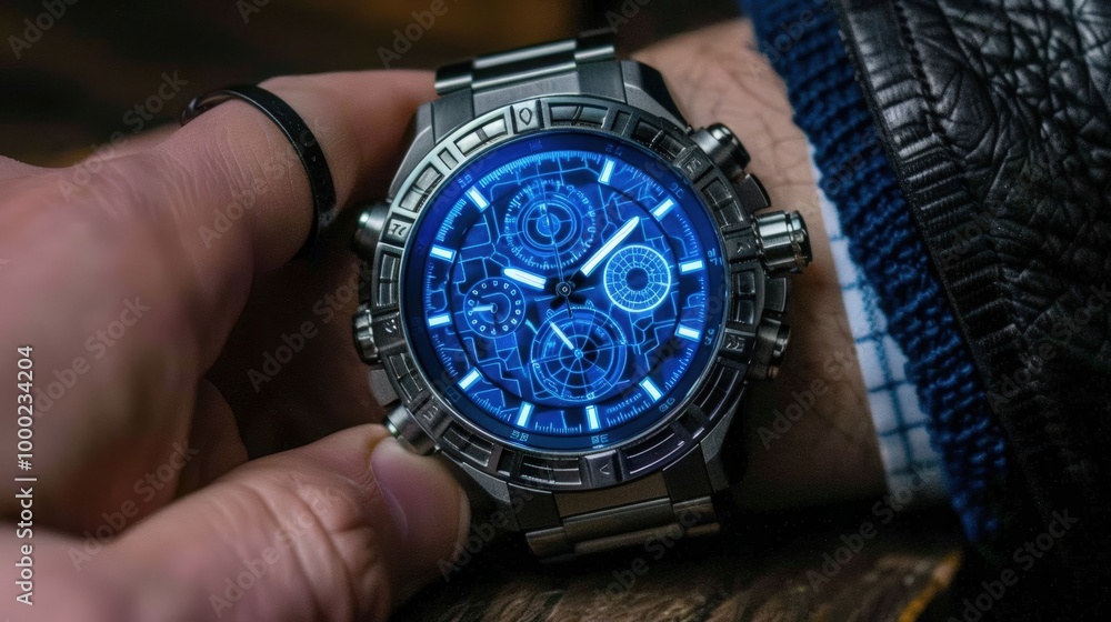 Futuristic Blue Display Watch on Wrist Futuristic Blue Display Watch on Wrist
