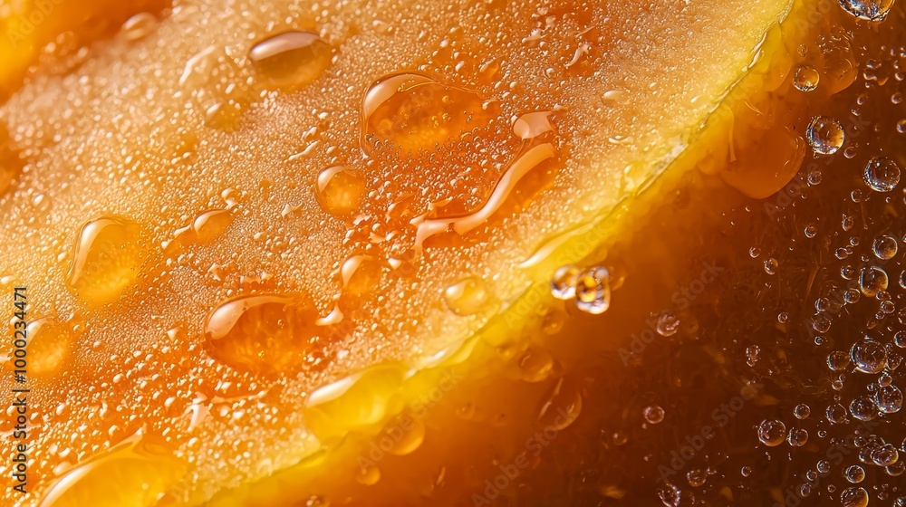 A tight shot of an orange slice, adorned with beads of water clinging to its exterior and reflecting inside A tight shot of an orange slice, adorned with beads of water clinging to its exterior and reflecting inside