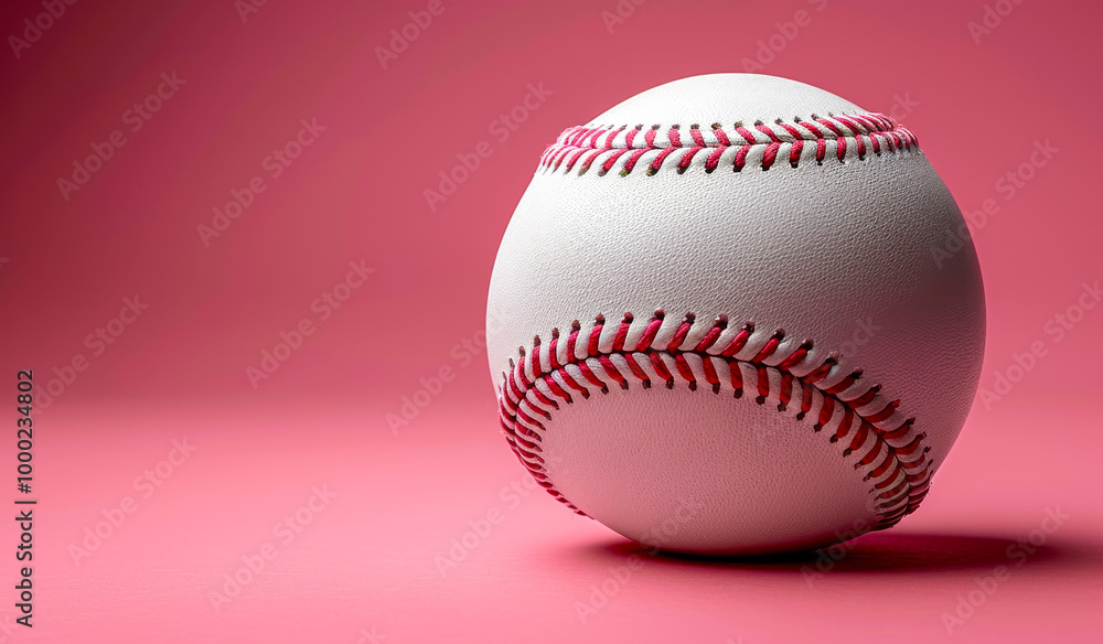 A white baseball with red stitching on the side. The ball is sitting on a pink background. Concept of nostalgia and simplicity, as it is a classic image of a baseball A white baseball with red stitching on the side. The ball is sitting on a pink background. Concept of nostalgia and simplicity, as it is a classic image of a baseball