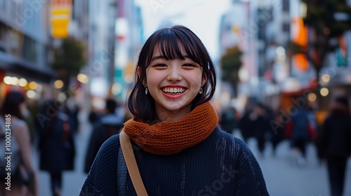 A young woman with a bright smile stands in a crowded city street.