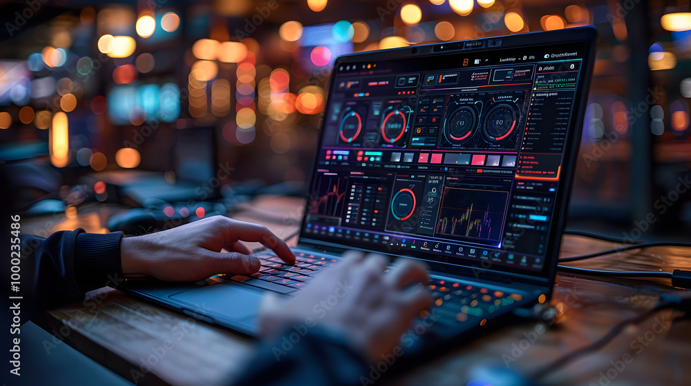Close-up of hands working on a laptop displaying complex data analytics software, surrounded by a vibrant, blurred bokeh background Close-up of hands working on a laptop displaying complex data analytics software, surrounded by a vibrant, blurred bokeh background