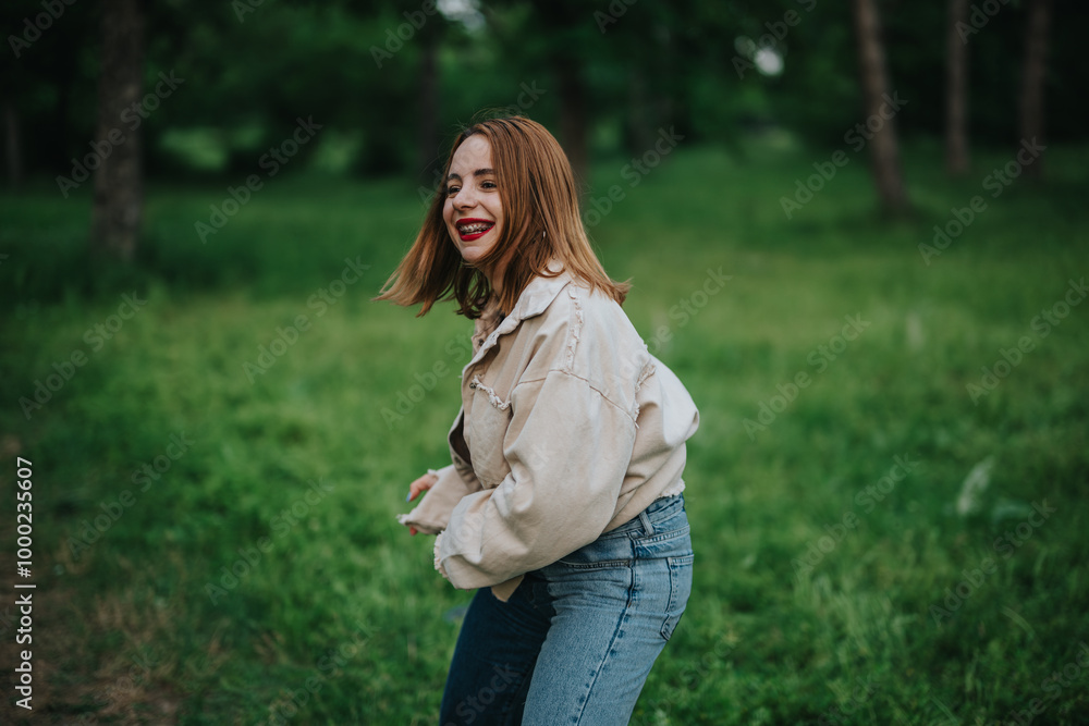 A smiling young woman in casual clothing having fun outdoors in a lush green park. Her joyful expression captures the essence of carefree moments in nature. A smiling young woman in casual clothing having fun outdoors in a lush green park. Her joyful expression captures the essence of carefree moments in nature.