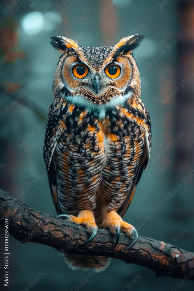 A large owl is perched on a tree branch, looking directly at the camera. The image has a serene and peaceful mood, as the owl appears to be calmly observing its surroundings. The owl's large eyes A large owl is perched on a tree branch, looking directly at the camera. The image has a serene and peaceful mood, as the owl appears to be calmly observing its surroundings. The owl's large eyes
