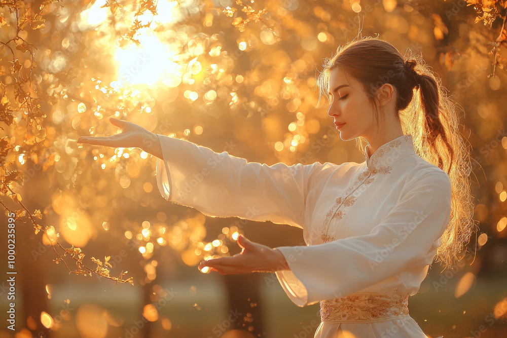 A woman practicing tai chi in serene park during sunset, surrounded by golden leaves and warm sunlight, embodies tranquility and grace A woman practicing tai chi in serene park during sunset, surrounded by golden leaves and warm sunlight, embodies tranquility and grace