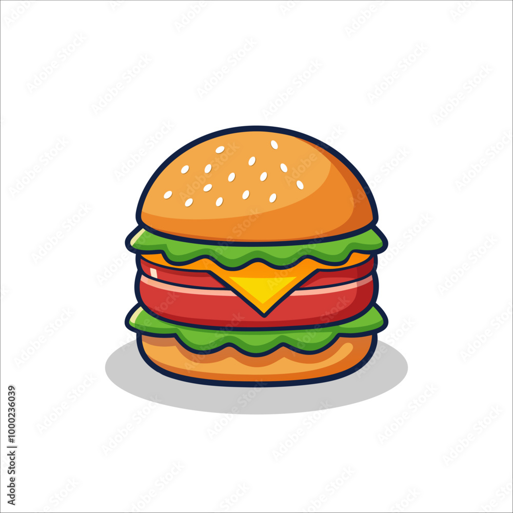 Classic Cartoon Cheeseburger with Lettuce and Tomato Fast Food Vector Illustration Classic Cartoon Cheeseburger with Lettuce and Tomato Fast Food Vector Illustration