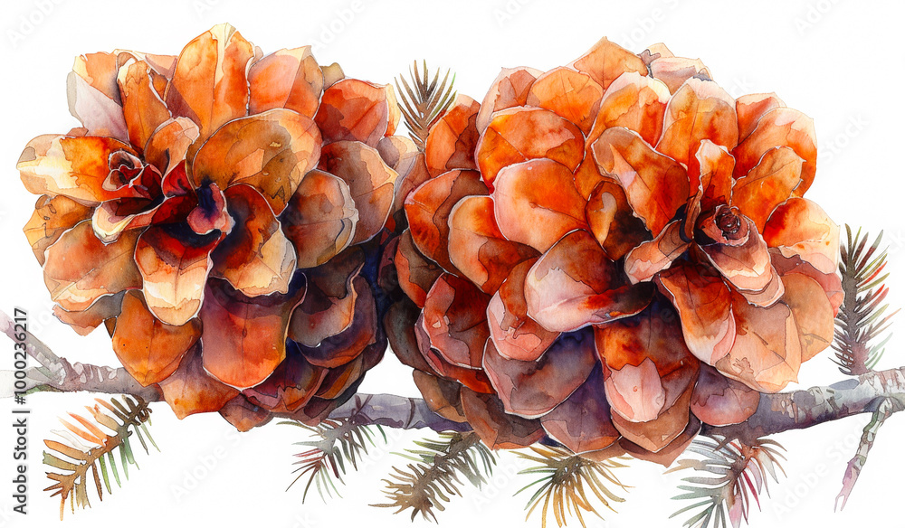 Fototapeta premium Two orange pine cones are painted on a white background. The pine cones are in the foreground and the background is a tree branch. The painting has a warm and cozy feeling