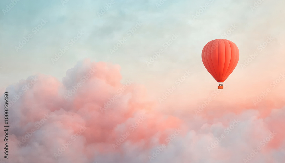 Naklejka premium hot air balloon ascending above clouds creates serene and breathtaking scene. vibrant red balloon contrasts beautifully with soft pastel clouds, evoking sense of adventure and tranquility