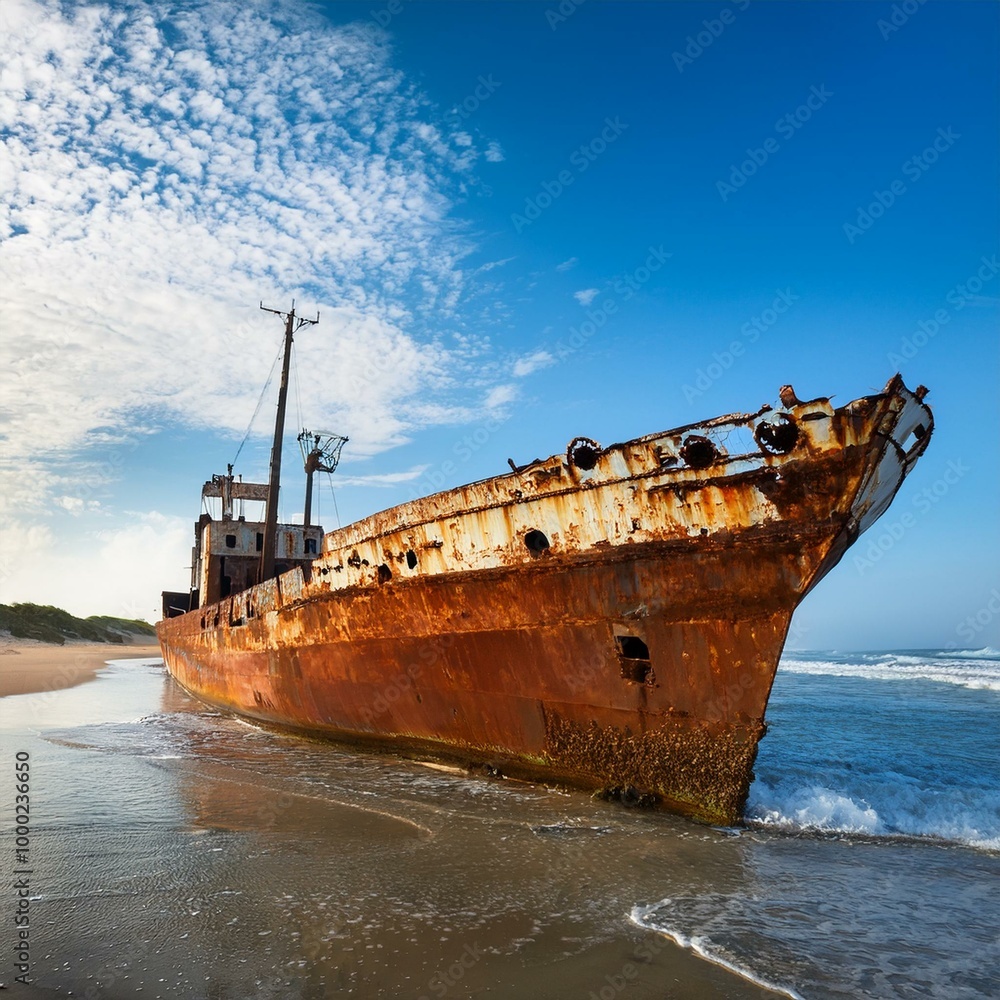Fototapeta premium abandoned ship, rusted and shored, AI generated