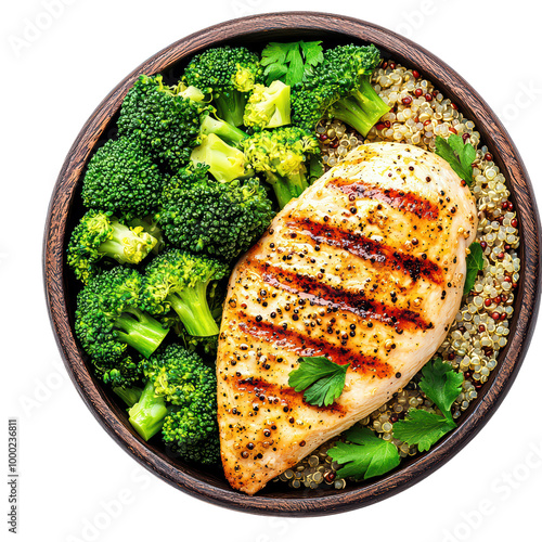 Grilled chicken breast with quinoa and steamed broccoli in a circular brown bowl, isolated on transparent background. photo