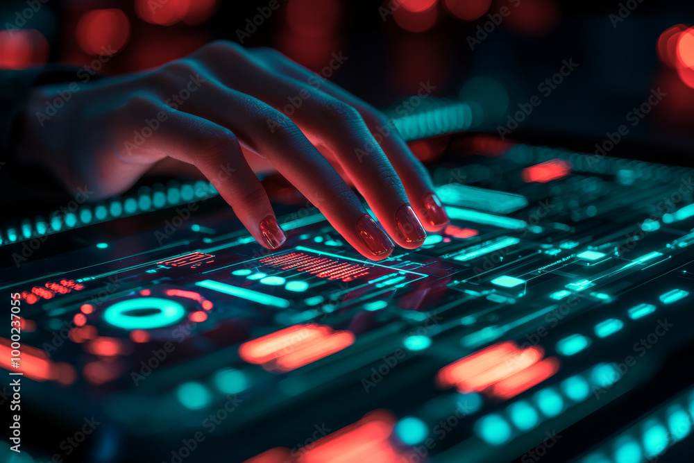 A hand interacting with futuristic digital interface, showcasing vibrant neon colors and intricate designs. scene conveys sense of innovation and technology A hand interacting with futuristic digital interface, showcasing vibrant neon colors and intricate designs. scene conveys sense of innovation and technology