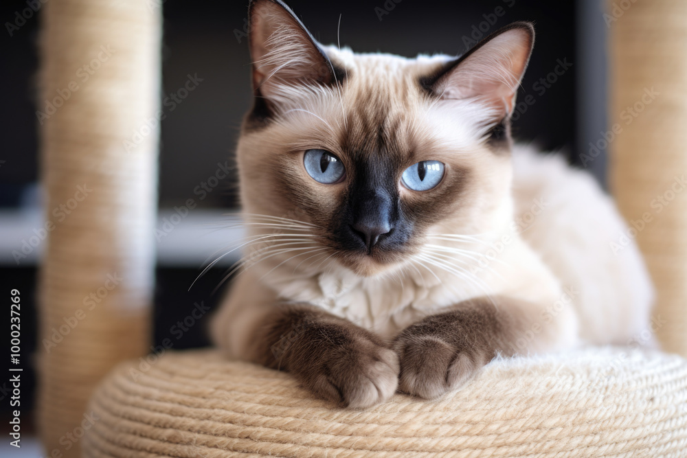 Obraz premium Siamese cat with striking blue eyes relaxing . Pet supply product.