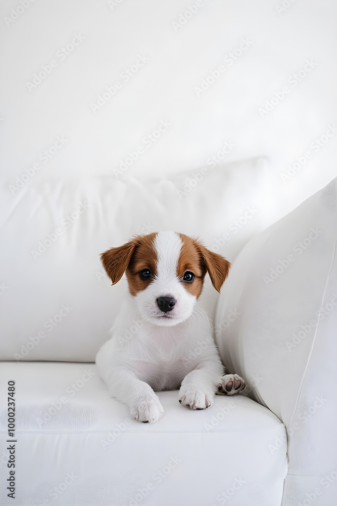 Adorable White and Brown Puppy Playfully Enjoying a Minimalist White Living Room Sofa. Adorable White and Brown Puppy Playfully Enjoying a Minimalist White Living Room Sofa.