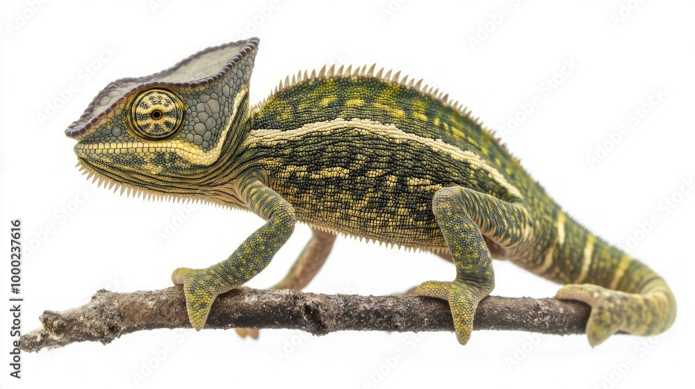 Obraz premium side view of a veiled chameleon, Chamaeleo calyptratus, isolated on white