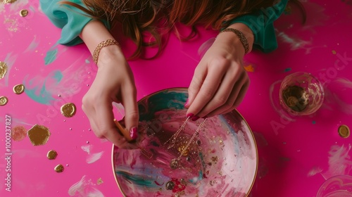 A woman delicately working with resin to create intricate jewelry pieces on a vibrant pink surface. Glitter and resin drops add to the artistic atmosphere, capturing the essence of handmade