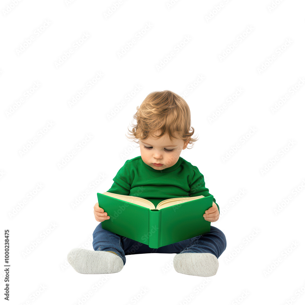 Toddler sitting on the floor reading a green book, focused and curious expression isolated on transparent background. Toddler sitting on the floor reading a green book, focused and curious expression isolated on transparent background.