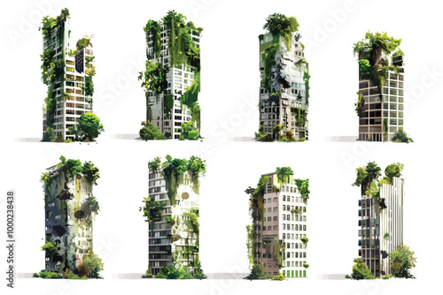 residential skyscrapers consumed by overgrows set fro isolated illustration