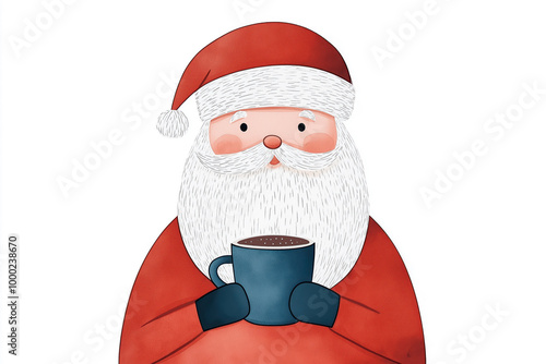 Festive Santa Claus holding a cup of hot cocoa on a white background