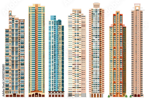 Residential Skyscrapers set front view of full length isolated illustration