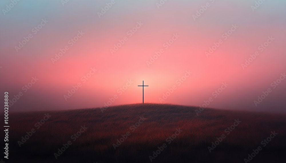 Obraz premium radiant cross shining brightly on hilltop at sunset, surrounded by serene landscape. soft hues of pink and purple create peaceful atmosphere, evoking sense of hope and tranquility