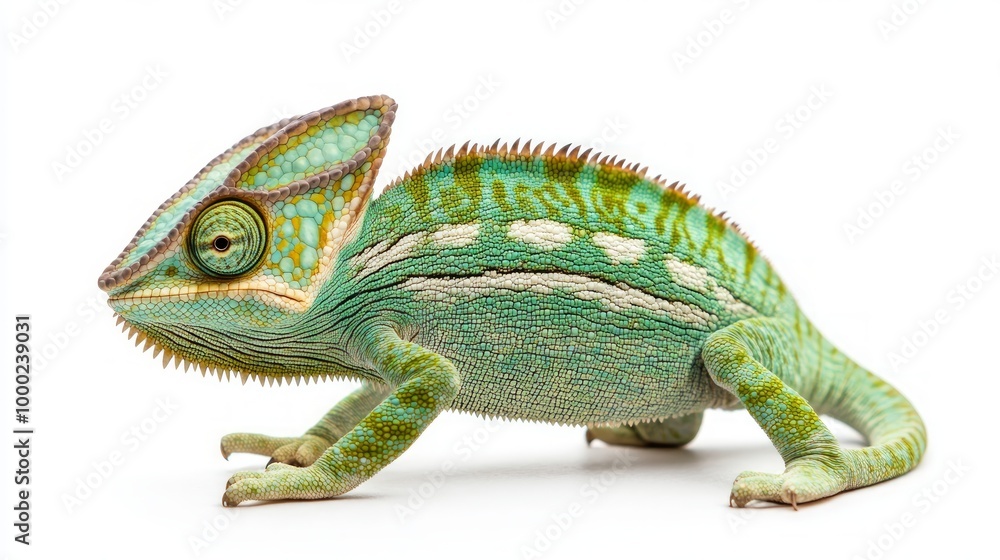 Obraz premium side view of a veiled chameleon, Chamaeleo calyptratus, isolated on white