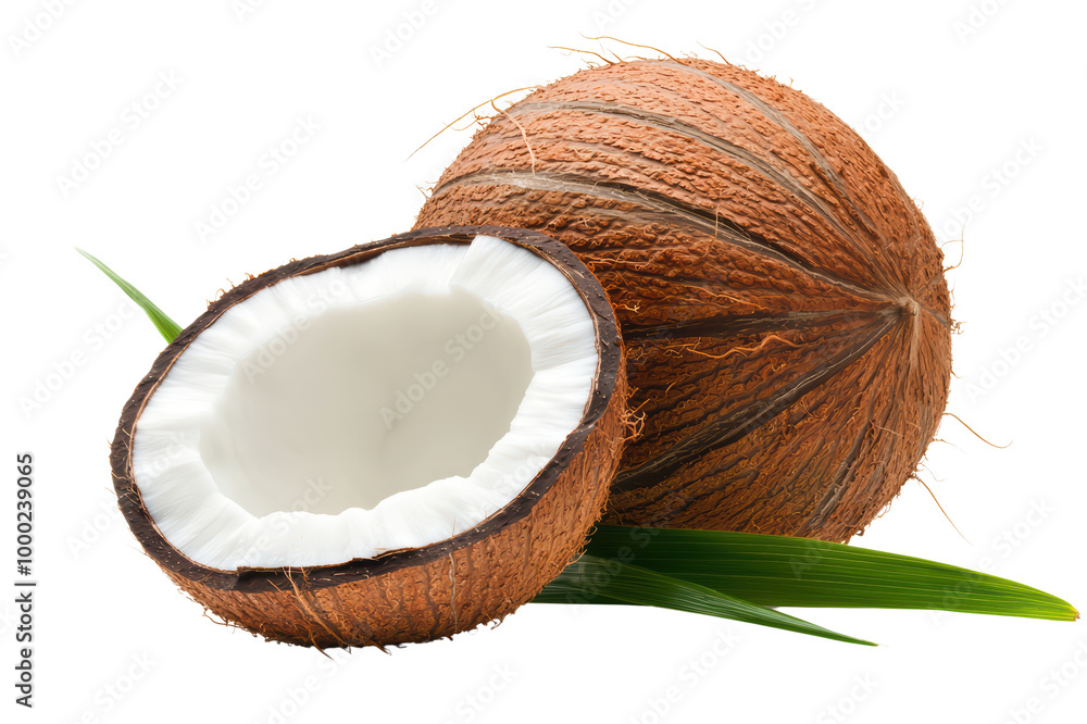 Whole coconut split open, revealing white interior and fresh coconut water, isolated on transparent background. Whole coconut split open, revealing white interior and fresh coconut water, isolated on transparent background.