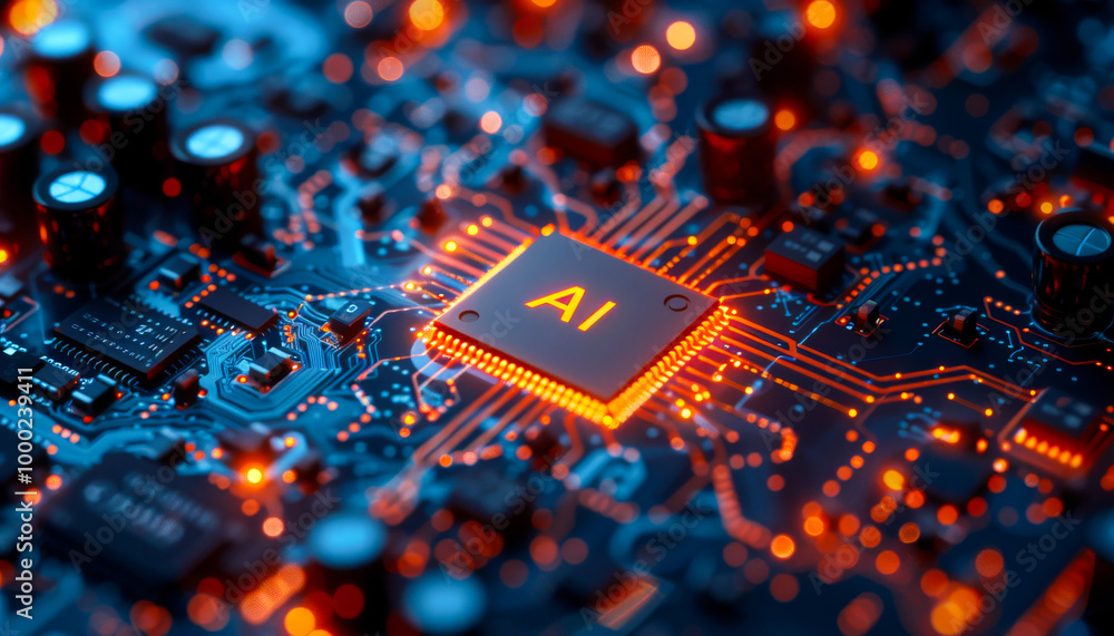 A computer chip with the letters AI on it. The chip is orange and blue A computer chip with the letters AI on it. The chip is orange and blue