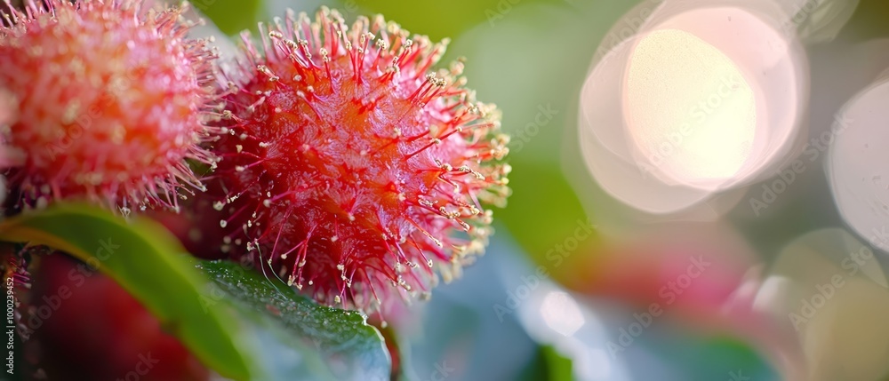 A tight shot of a pink bloom against green foliage, with background light softened by bokeh A tight shot of a pink bloom against green foliage, with background light softened by bokeh