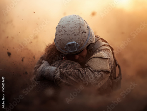 soldier helping comrade on battlefield, showcasing bravery and camaraderie amidst chaos. emotional bond highlights sacrifices made in service photo