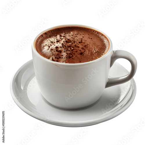 Warm mug of hot cocoa topped with frothy cream and a dusting of cocoa powder, set against a clear background for various design uses