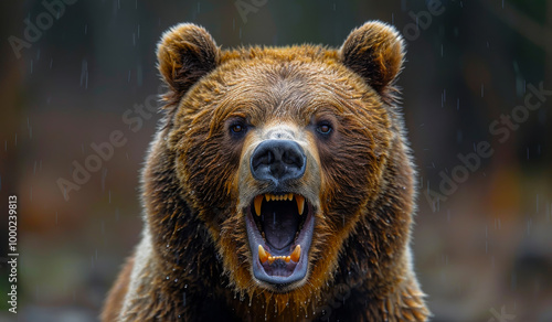 A bear with its mouth open and teeth bared. The bear is angry and ready to attack