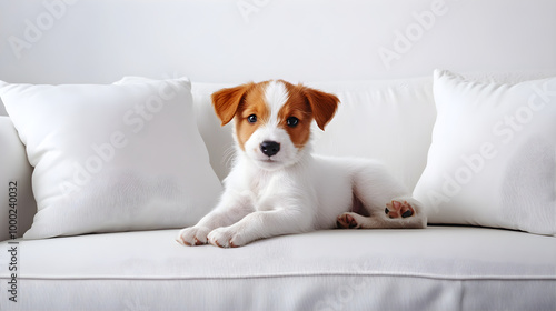 Adorable White and Brown Puppy Playfully Enjoying a Minimalist White Living Room Sofa.