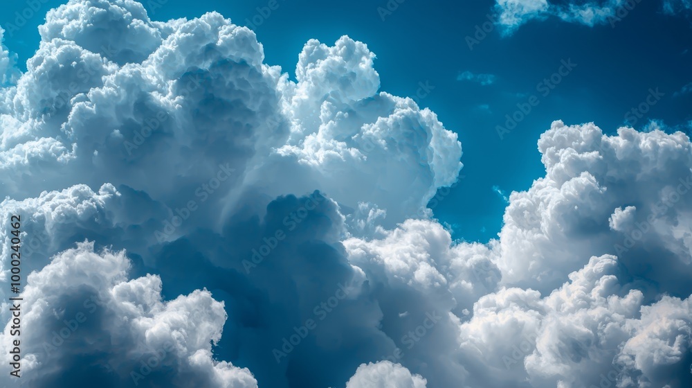 A blue sky dotted with white clouds; a plane traverses midway A blue sky dotted with white clouds; a plane traverses midway