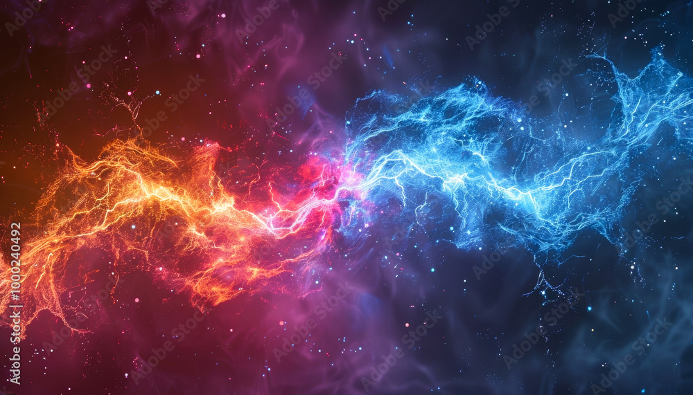 A colorful, swirling galaxy with two bright blue and red streaks. The colors are vibrant and the image has a sense of movement and energy A colorful, swirling galaxy with two bright blue and red streaks. The colors are vibrant and the image has a sense of movement and energy