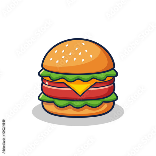 Classic Cartoon Cheeseburger with Lettuce and Tomato Fast Food Vector Illustration