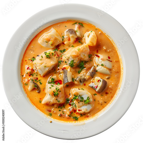 Delicious seafood stew with fish pieces and fragrant herbs, presented in a white bowl against a clear backdrop