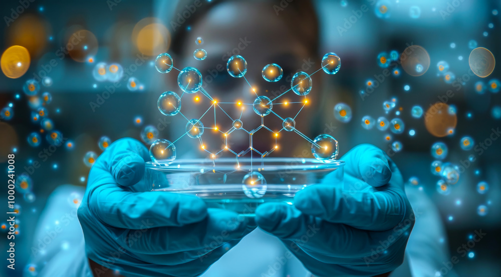 A woman is holding a glass beaker with a blue background. The background is filled with many small, glowing spheres. The woman is wearing a lab coat and gloves. Concept of scientific exploration A woman is holding a glass beaker with a blue background. The background is filled with many small, glowing spheres. The woman is wearing a lab coat and gloves. Concept of scientific exploration