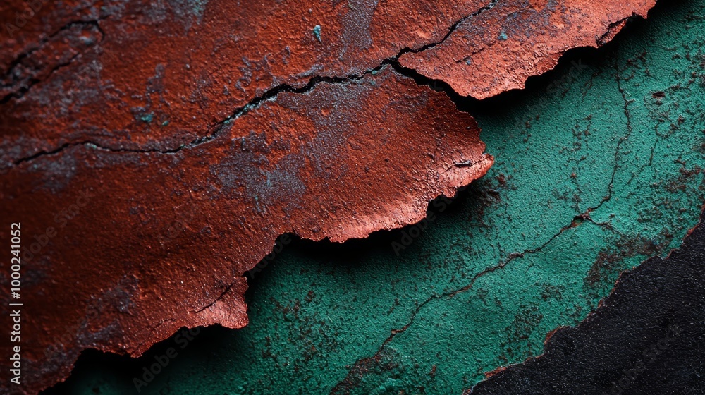 A tight shot of green, red, and black paint on weathered wood with flaking paint A tight shot of green, red, and black paint on weathered wood with flaking paint