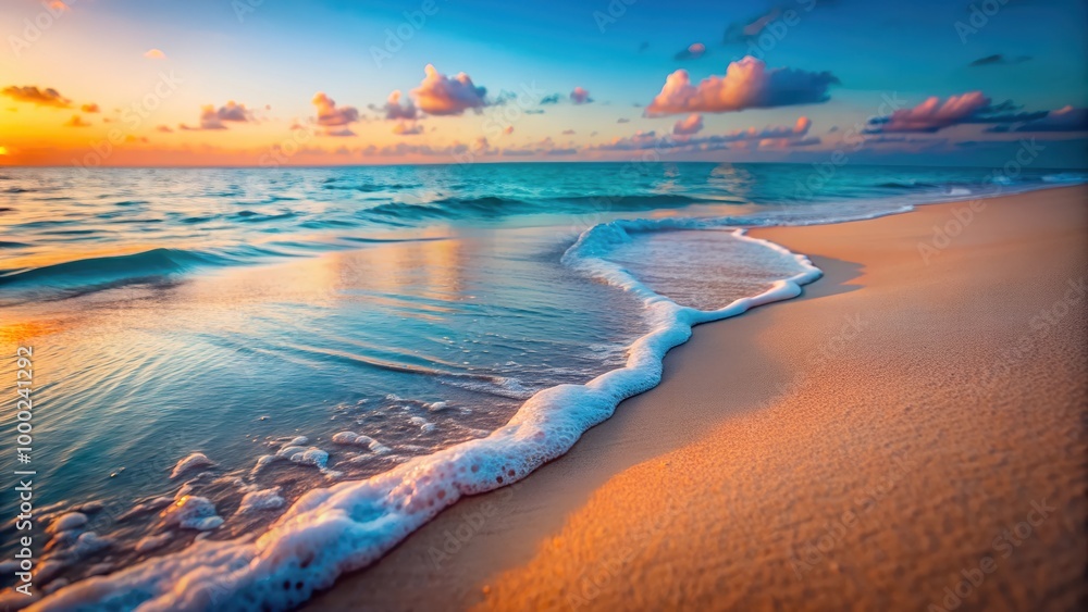 Obraz premium Beautiful Tropical Beach with Golden Sand and Crystal Clear Ocean Water, A Serene Coastal Paradise Perfect for Digital Graphic Design Projects and Backgrounds