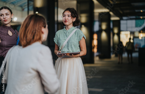 A group of diverse business professionals engaged in conversation in an urban setting, highlighting modern networking and collaboration in the city.