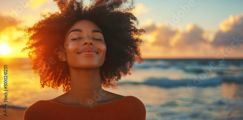 Black woman, happy and meditation with breathing on beach for fresh air or spiritual yoga in nature. Faith, person or peaceful by ocean for sunset worship, holistic mindset or zen with mockup space