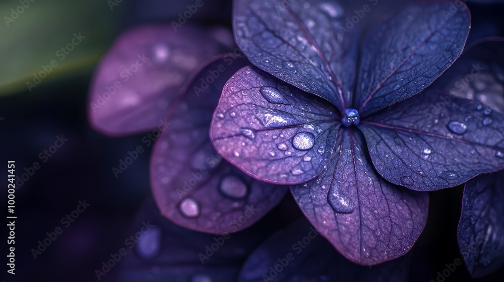Close-up of a purple flower with water beads on its petals and a green leaf in the backdrop Close-up of a purple flower with water beads on its petals and a green leaf in the backdrop