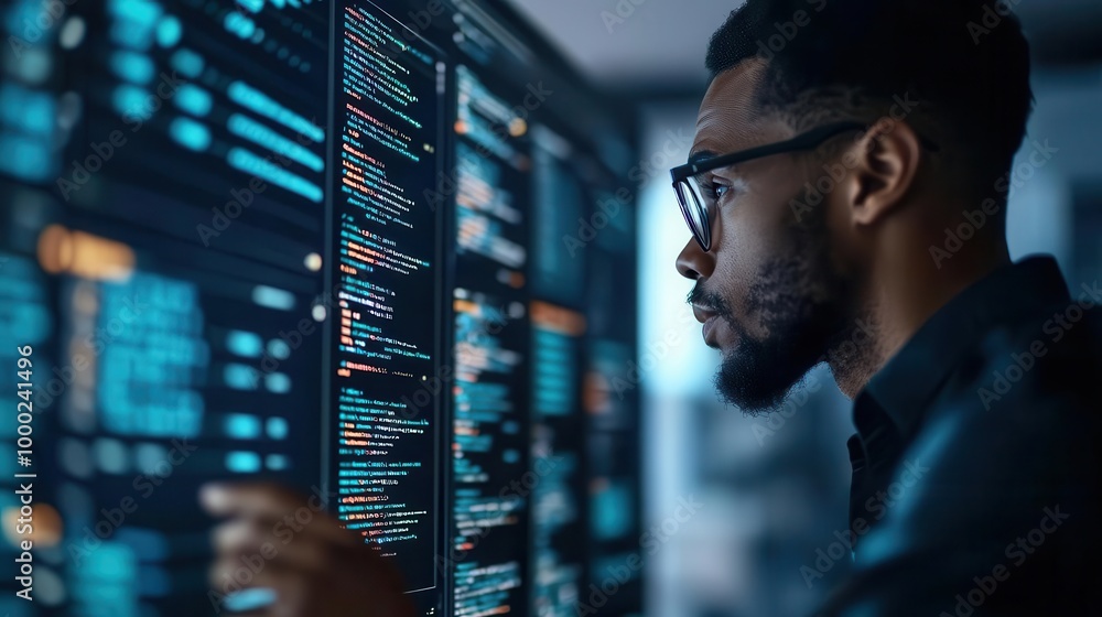 Close-up of a data scientist working on big data algorithms, predictive analytics dashboard in the background Close-up of a data scientist working on big data algorithms, predictive analytics dashboard in the background