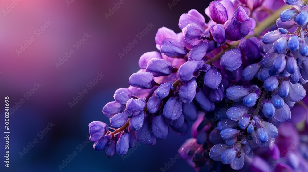 A group of purple flowers atop a stem against a blurred backdrop of blue and pink A group of purple flowers atop a stem against a blurred backdrop of blue and pink