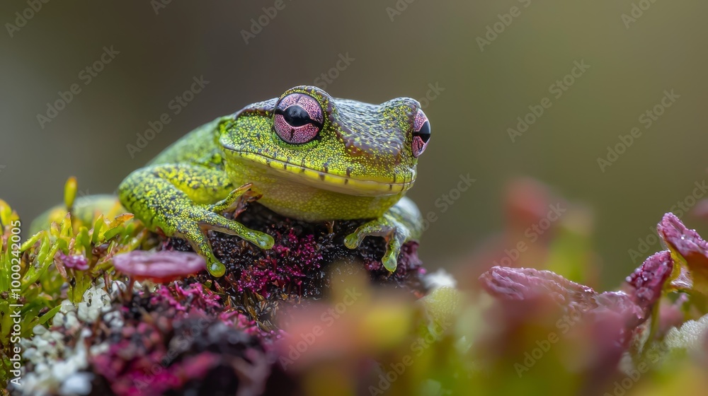 A green frog sits on a moss-covered branch Pink and purple flowers bloom in the foreground A green frog sits on a moss-covered branch Pink and purple flowers bloom in the foreground