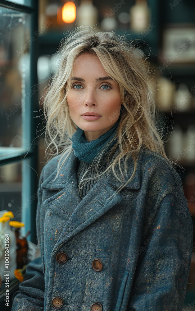 A woman with long blonde hair is standing in front of a window. She is wearing a blue coat and scarf A woman with long blonde hair is standing in front of a window. She is wearing a blue coat and scarf
