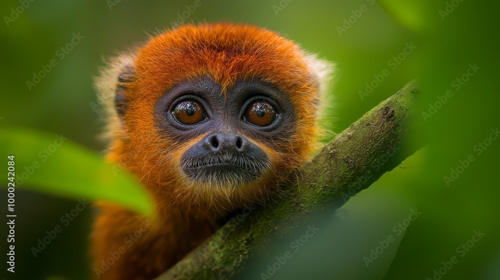 A tight shot of a monkey grasping a tree branch, surrounded by foreground leaves, and a background softly out of focus A tight shot of a monkey grasping a tree branch, surrounded by foreground leaves, and a background softly out of focus
