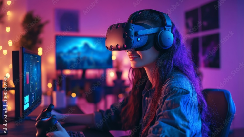 Woman Playing VR Games At Night Woman Playing VR Games At Night