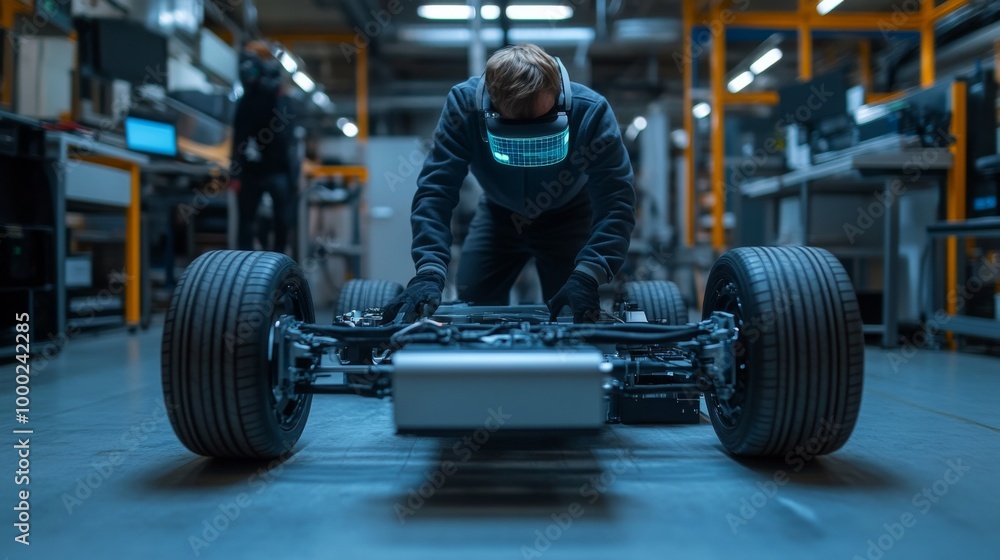 Technician Working on Autonomous Vehicle Chassis in High-Tech Laboratory Technician Working on Autonomous Vehicle Chassis in High-Tech Laboratory